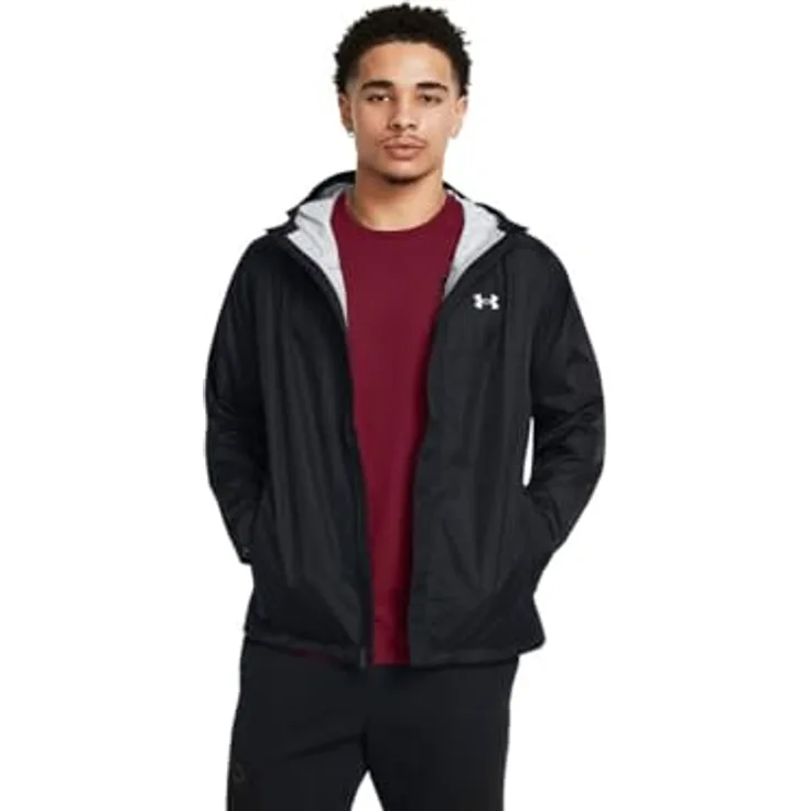 Under Armour Cloudstrike 2.0, Herren Jacke, leichte und atmungsaktive Sportjacke mit verstellbarer Kapuze, Schwarz/Weiß, Größe M