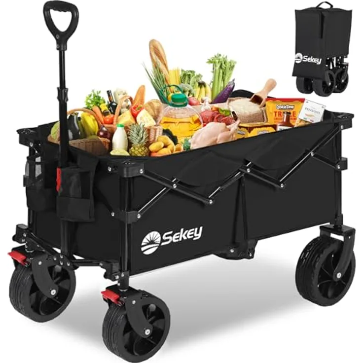 Sekey XXL Bollerwagen Faltbar, 150L Kapazität, 150KG Tragkraft, breite Reifen für alle Gelände, patentiertes faltbares Design, schwarz