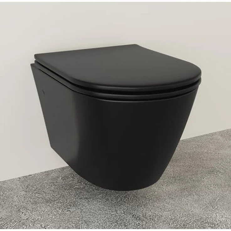 Alpenberger Hänge WC Schwarz Matt | Moderne Toiletten | Kloschüssel mit Toilettendeckel mit Absenkautomatik | Wand WC Spülrandlos – Bild 1