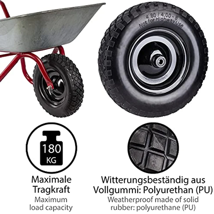 ONVAYA Schubkarrenrad Vollgummi, Ersatzrad für Schubkarre, Sackkarre oder Bollerwagen, Gummirad mit Achse Kugellager, Schubkarrenreifen pannensicher, Größe: 4.80 4.00-8 – Bild 4