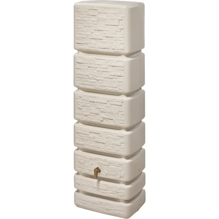 4rain Slim Wandtank sandbeige - Regentonne mit 350 Liter Volumen, Steinoptik, UV-stabil und 5 Gewindeanschlüssen