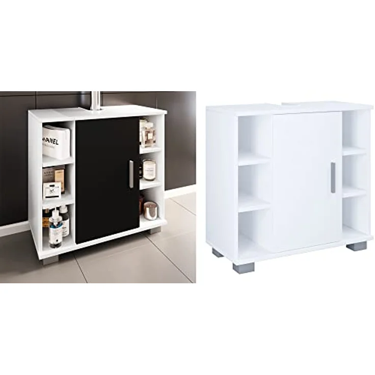 VCM Holz Badmöbel Badunterschrank Waschbeckenunterschrank Badezimmer Zalo M Weiß/Schwarz – Bild 1
