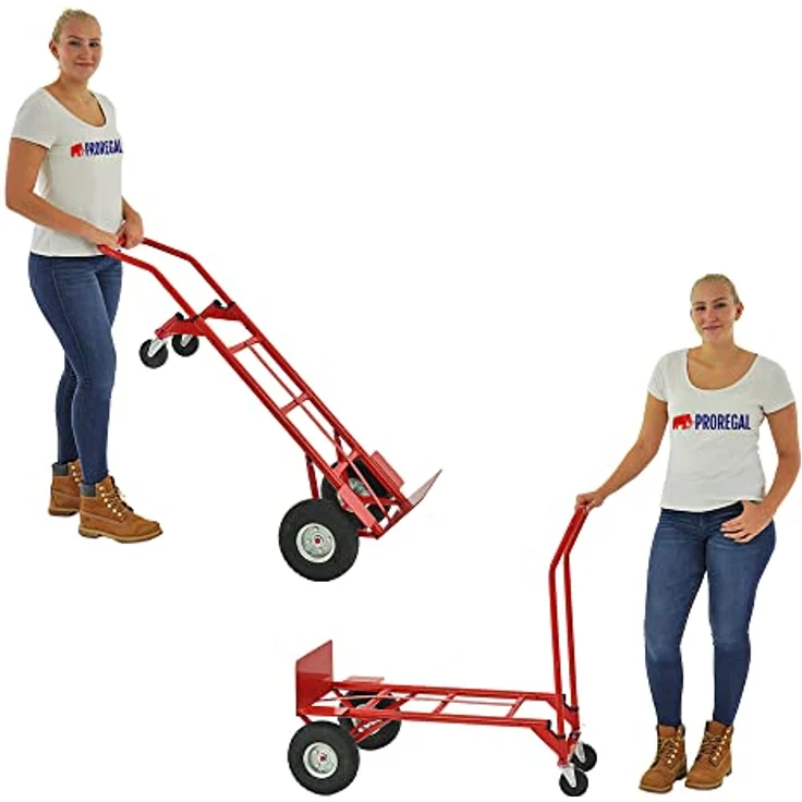 PROREGAL® Sackkarre Multifunktions-Stahlrohr-Sackkarre HxBxT 133x55x46cm, Traglast 200kg, Gummibereifung, rot – Bild 5