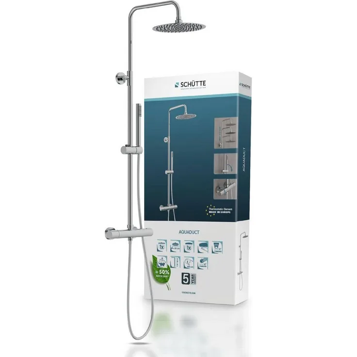 Schütte Brausegarnitur AQUADUCT, Edelstahl Regendusche, höhenverstellbar 80-120 cm, Antikalk, wassersparend