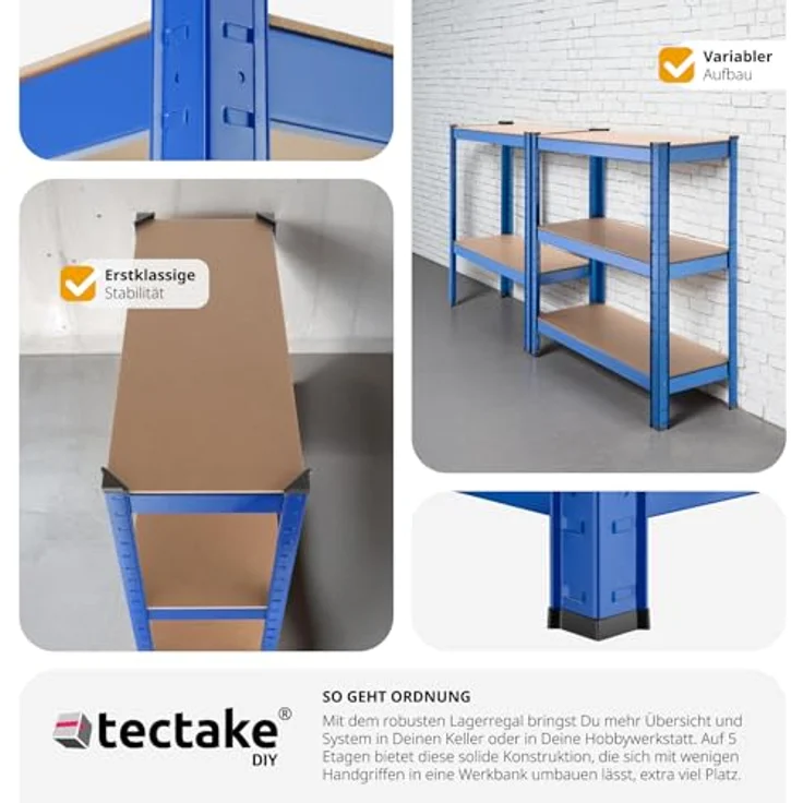 tectake Schwerlastregal 5 Ebenen, höhenverstellbare Einlegeböden, Stahlblech, 350 kg Belastbarkeit, Schwarz – Bild 4