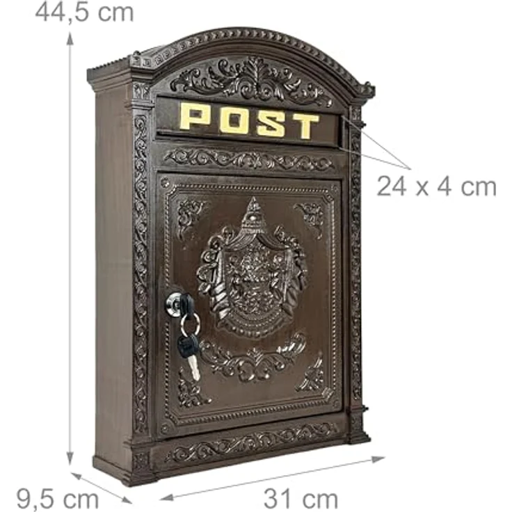 relaxdays Briefkasten Antik, braun, Vintage-Design mit rundem Dach und Zylinderschloss, 44,5 x 31 x 9,5 cm – Bild 4