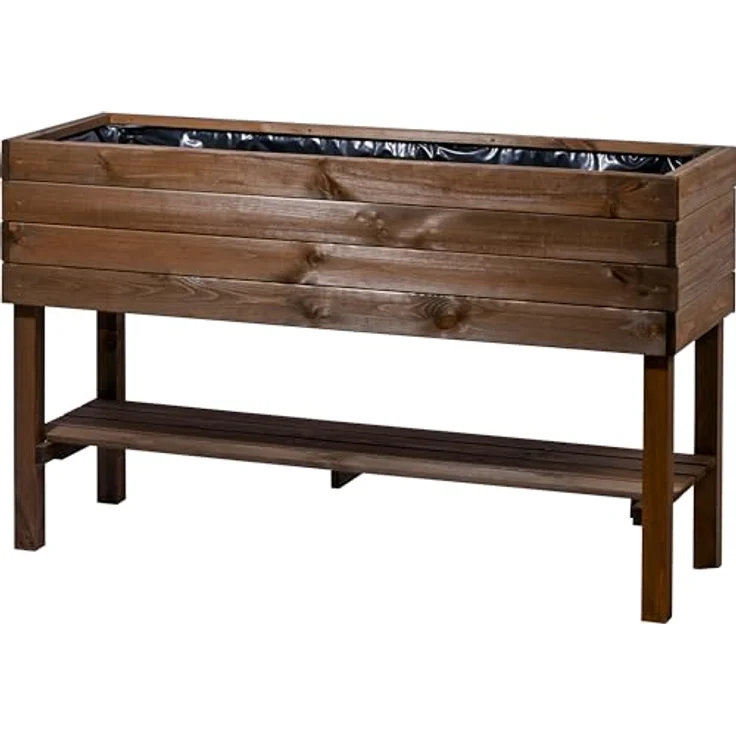 dobar® Großes Hochbeet Massivholz mit Ablage inklusive Pflanzfolie - Erhöhter Pflanzkasten 100 L - 117 x 40 x 80 cm - Dunkelbraun – Bild 2