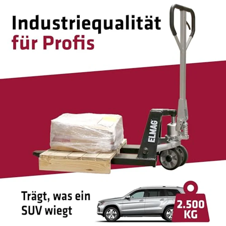 ELMAG Handhubwagen kurz HWK 2500, Palettenwagen mit 2500 kg Tragkraft, 800 mm Gabellänge, 540 mm Gabelbreite, Gummiräder & Polyurethan-Tandemrollen für mühelosen Transport – Bild 3