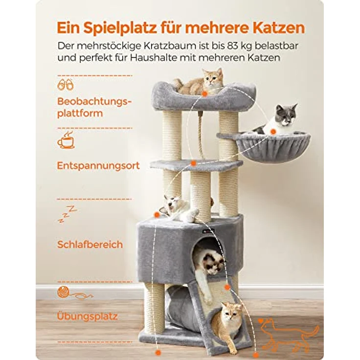 Feandrea Großer Kratzbaum, M Katzenbaum, mit Höhle, Hängematte, Plüschplattform, Tunnel, Sisalstämme, Kratzbrett, 50 x 50 x 141 cm, hellgrau-naturfarben – Bild 4