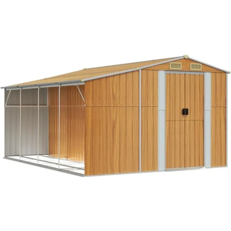 vidaXL Gerätehaus, Gartenhaus mit Schrägdach Griffe, Gartenschuppen Schuppen mit Stauraum, Geräteschuppen Metallschuppen, Hellbraun 277x365,5x179 cm Verzinkter Stahl – Bild 1