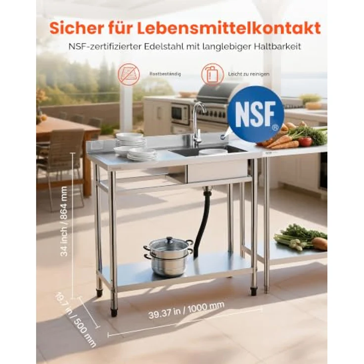 VEVOR Edelstahl Spültisch mit Einzelbecken (100 x 50 x 94 cm), 360° Wasserhahn, verstellbare Ablage, vielseitig einsetzbar für Küche, Garage, Restaurant und Wäscherei – Bild 2