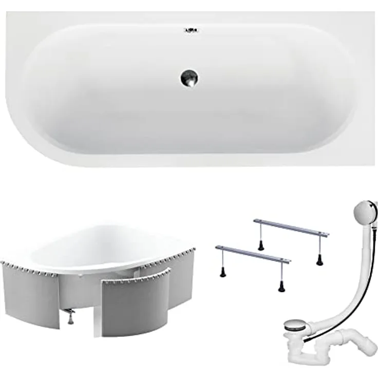 KOLMAN Badewanne AVITA Eckbadewanne 170x75 Rechts mit Styroporverkleidung, Ablaufgarnitur und Füßen Komplettset 4in1 Premium Original Acryl Wanne Siphon - Reinweiß, 190 Liter Fassungsvermögen, EU-Herstellung