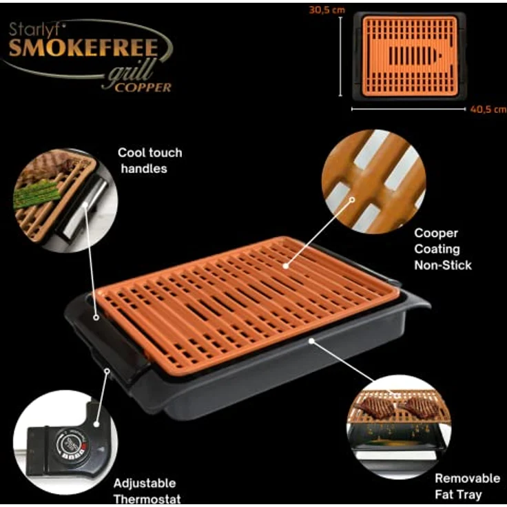 Rauchfreier elektrischer Tischgrill BEST DIRECT Starlyf Smokefree COPPER, Geeignet für Innen- und Aussenbereich, Keramik Antihaftbeschichtung, max. 220 °C [1250 Watt] – Bild 2