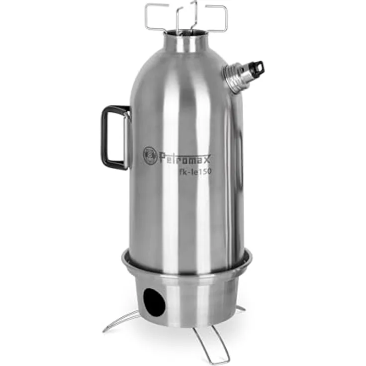 Petromax Feuerkanne Edelstahl 1,5 l, Outdoor-Kocher mit Dampfpfeife und Silikonummantelten Griffen