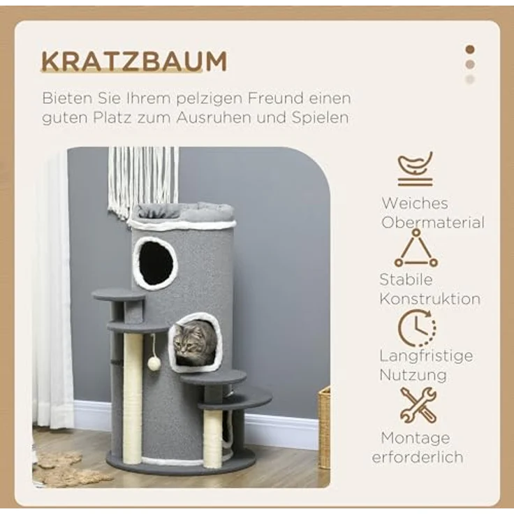 PawHut Kratztonne 99 cm mit Katzenbett, Spielball, Plattformen, 3 Türen, Grau – Bild 3