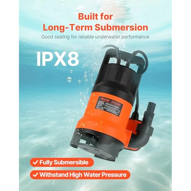 VEVOR 650W Tauchpumpe, 15000L/h, IPX8 Schmutzwasserpumpe mit automatischem Schwimmerschalter, 8m Förderhöhe für Pools und Teiche – Bild 5