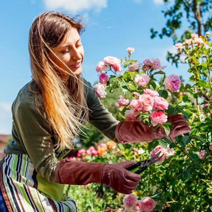 SLARMOR Gartenhandschuhe aus Leder, dornensicher und mit Unterarmschutz, lange Rindsleder Arbeitshandschuhe für Damen und Herren, ideal zum Beschneiden von Rosen – Bild 5