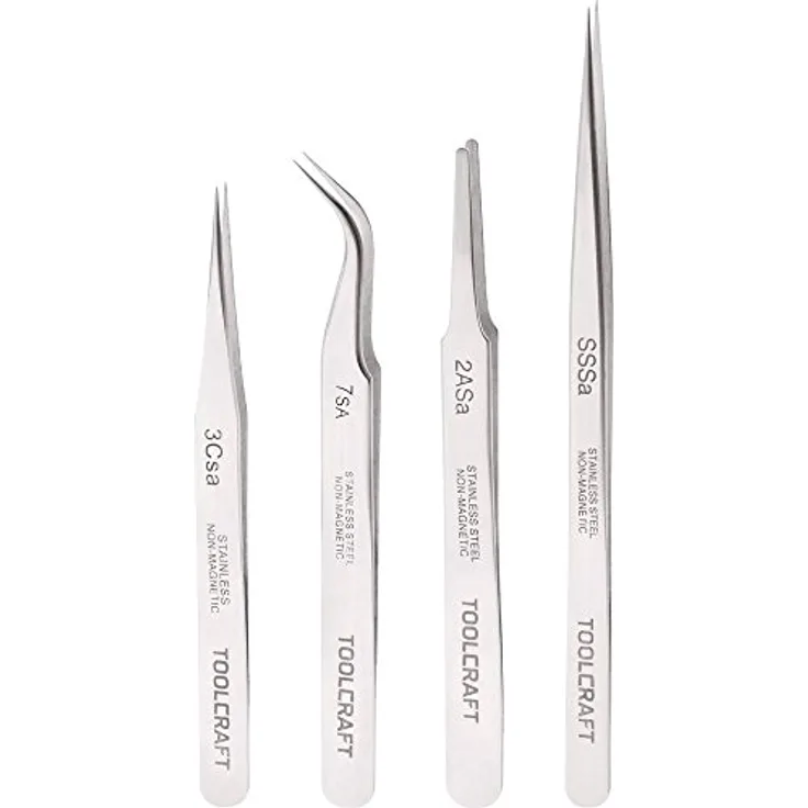 TOOLCRAFT 816747 Pinzetten-Set 4teilig SS SA, 2a SA, 7 SA, 3c SA Flach-rund, Sichelspitze, gebogen 55°, Spitz, Spitz, s