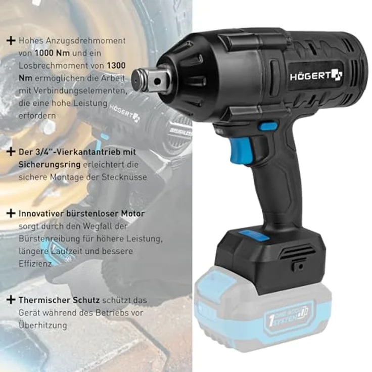 Högert Technik Akku-Schlagschrauber 18V OneAccuSystem, bürstenloser Motor, 1000 Nm Drehmoment, 1300 Nm Losbrechmoment, 3/4" Vierkant, LED-Beleuchtung, 3 Geschwindigkeitsstufen, Metallgetriebe, ohne Akku – Bild 3