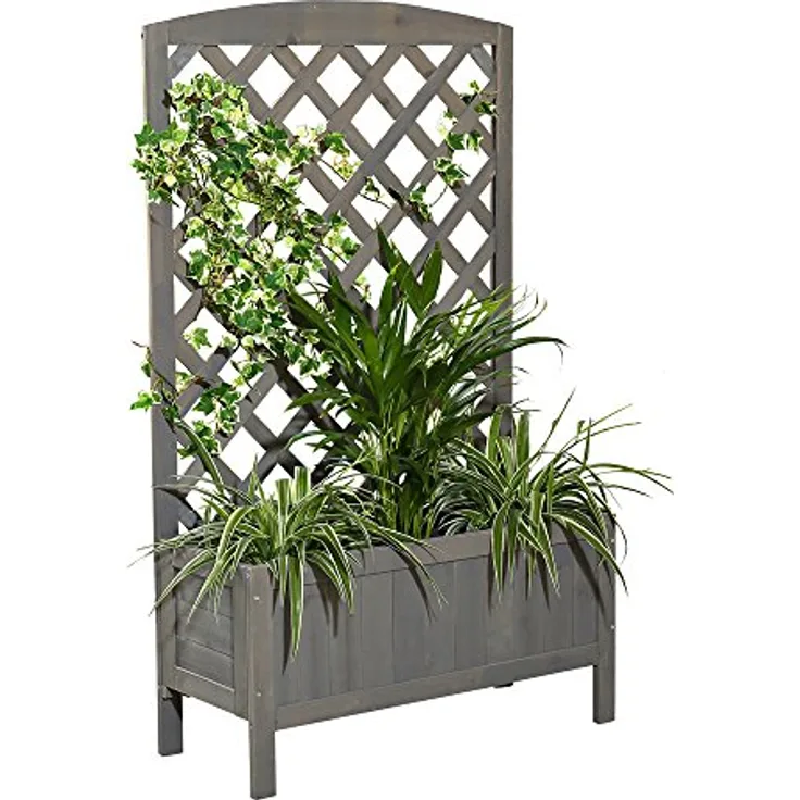 Melko Rankgitter Rankhilfe Spalier mit Blumenkasten Pflanzkasten aus Holz, ideal für Kletterpflanzen, grau