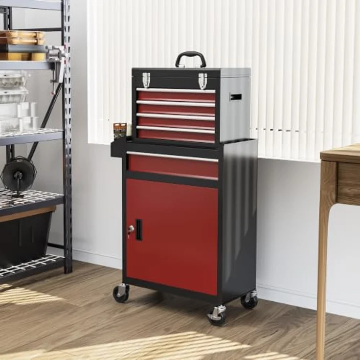 HOMCOM Werkstattwagen abschließbar, mit Rollen, Pulverbeschichtung, 130 kg Traglast, Schwarz/Rot, inkl. 1-tlg. Werkzeugset – Bild 2