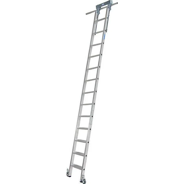 Kaiserkraft Stufen-Regalleiter, 345 cm mit Kopffahrwerk, 13 Stufen, hohe Stabilität, profilierte Stufen, platzsparend, selbstarretierende Bremsrollen, für Rundrohr-Schienenanlage