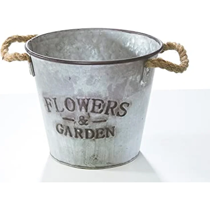 Kobolo Pflanztopf Pflanzgefäß Übertopf rund aus Metall Silber 3er Set Zinkblech Optik, rustikaler Vintage-Stil mit Seilgriffen – Bild 2