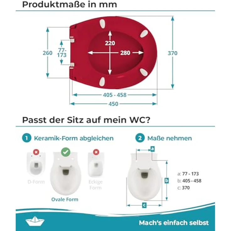 Calmwaters WC Sitz Premium Rot, Absenkautomatik, antibakteriell, abnehmbar, Duroplast, 250 kg Tragkraft, universale Standard-Form – Bild 7