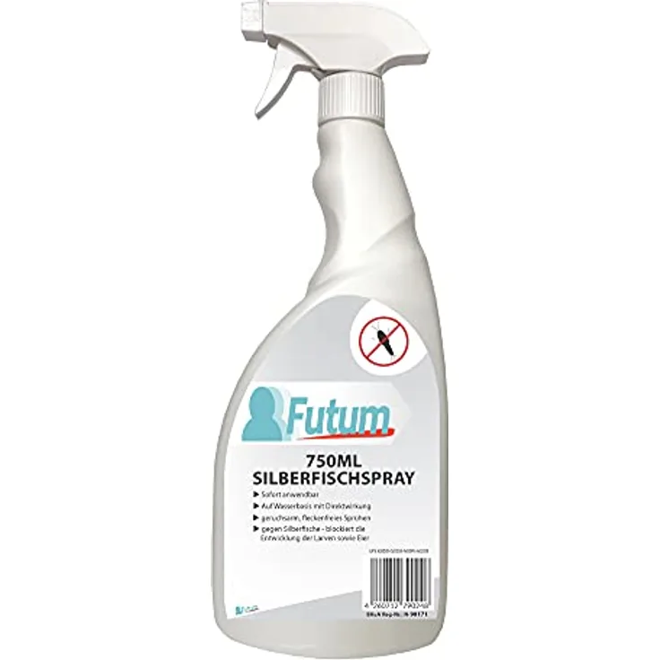 Futum Silberfisch-Spray, Hochwirksam Silberfische bekämpfen, Larven, Eier, Langzeitwirkung, Wasserbasis, 750ml