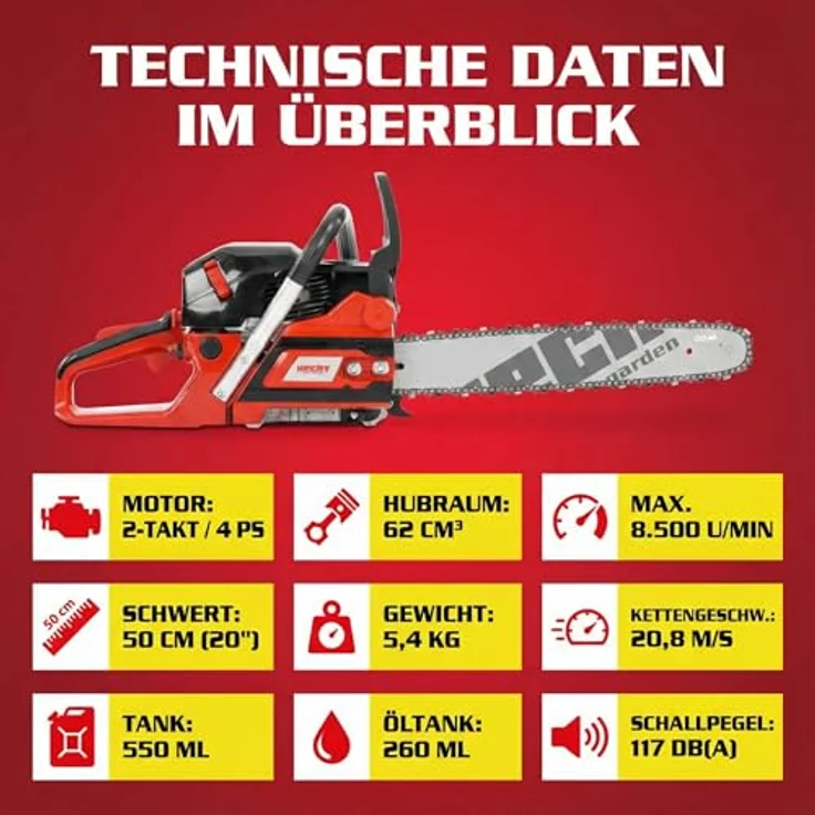 HECHT Kettensäge Benzin 62, 4 PS Motorsäge mit 50 cm Schwertlänge und verstellbarer Kettenölung – Bild 9