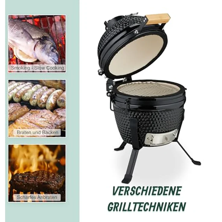 Relaxdays Kamado Ø 26 cm Keramikgrill mit Thermometer bis 450 °C BBQ Grillen Kochen Backen Smoker Schwarz – Bild 5