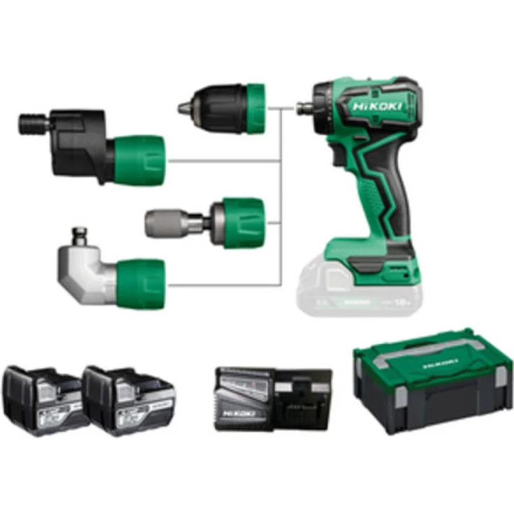 HiKOKI 18V Akku-Bohrmaschine mit 2 Akkus, Bitadapter und Winkeladapter, grün – Bild 1