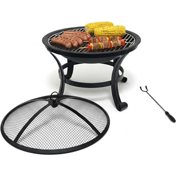 Relaxdays Feuerschale mit Grillrost und Funkenschutz, Stahl, Ø 55 cm, schwarz, inklusive Schürhaken für Gartenfeuerstelle: Tests, Infos & Preisvergleich