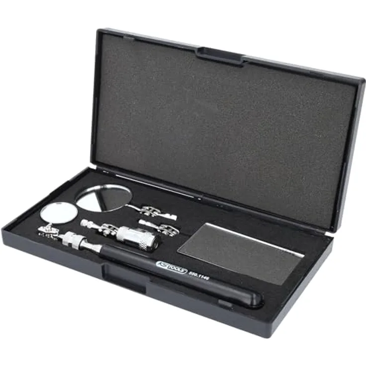 KS Tools Flexibler Inspektions-Spiegel-Satz 5tlg., Teleskop-Haltegriff 172-640 mm, 3 flexible Spiegel, Magnet bis 3,6 kg, inkl. 3 LR44 Batterien in Kunststoffbox