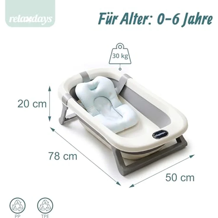 Relaxdays Babybadewanne Klappbar, Kunststoff Cremeweiß Grau, Rutschfest mit Kissen, 20 cm x 78 cm x 50 cm – Bild 5