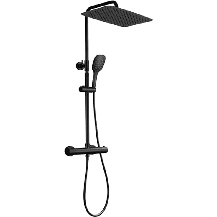 JOHO Edelstahl Duschsystem, Regendusche Duschset mit 35x25 cm Kopfbrause, Handbrause mit 3 Strahlarten, wassersparend, Thermostat mit Sicherheitskontrolle, schwarz – Bild 1