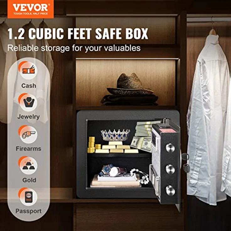 VEVOR Safe Tresor 1,2 Kubikfuß, Möbeltresor mit Feuerfester Geldtasche, Passwort & Schlüssel Digitaler Heimtresor, Alarmfunktion, Wandmontage, Schwarz – Bild 2