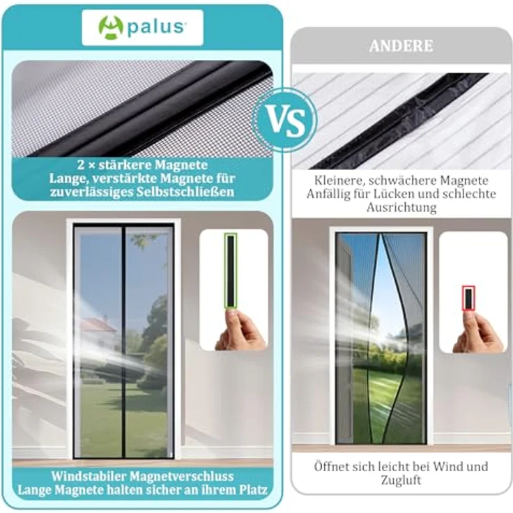 Apalus VP Fliegengitter Tür, Magnet Insektenschutz 110x200 cm, langlebig, katzensicher, starke Magneten, breites Klettband, nicht kürzbar – Bild 4
