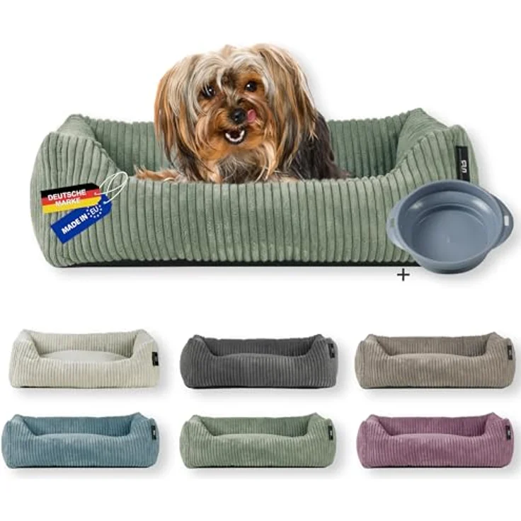 Rohrschneider Hundebett | für kleine Hunde | mit Hundekissen Cord | waschbarer Bezug | inkl. Futternapf (Salbei, 55 x 42 cm) – Bild 1