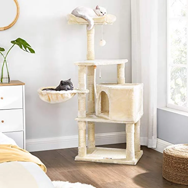 Feandrea Kratzbaum groß, 138 cm hoch, Katzenbaum mit Kratzbrett und 9 Kratzsäulen, Plattform, Höhle, Plüschball, mehrstufig, beige – Bild 2