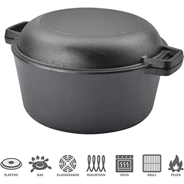 TAINO Gusseisen-Topf mit Pfannen-Deckel 6l Dutch-Oven Allzweck-Kochtopf aus Gusseisen Herd Ofen Lagerfeuer Grill, langlebiger Grilltopf Schwarz – Bild 4