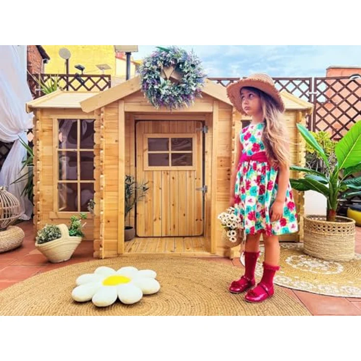 TIMBELA Kinderspielhaus aus Holz - Spielhaus im Freien für Kinder - 241x178x151 cm/2.63m2 Gartenspielhaus mit Veranda - Garten-Sommerhaus für Kinder M520, helle natürliche Holzfarbe – Bild 5