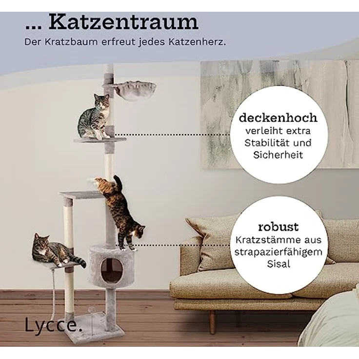 Lycce Katzenbaum Tower Kratzbaum deckenhoch Sisal Plüsch grau 230-260 cm – Bild 2