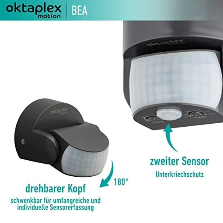 Oktaplex Bea Bewegungsmelder Aussen IP65 schwenkbar 180° Infrarot-Sensor 12m Reichweite 230V anthrazit mit Dämmerungssensor – Bild 2