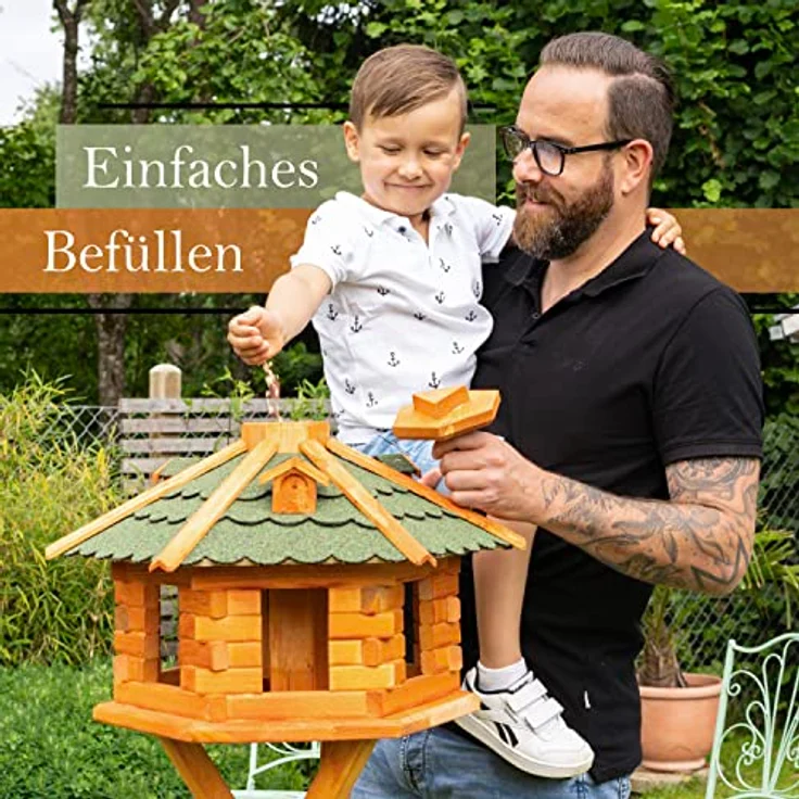 Deko-Shop-Hannusch Vogelhaus wahlweise mit Ständer und Solarbeleuchtung, Verschiedene Größen L - XXL und Dachfarben möglich, Futterhaus mit Futtersilo und wetterfestem Bitumendach, Holz, V16 – Bild 3