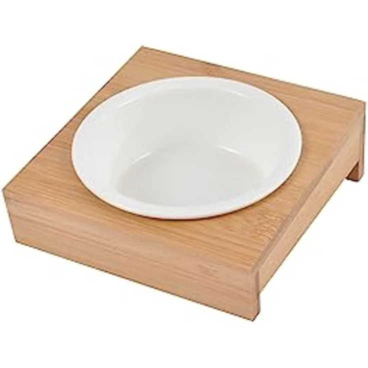 Futternapf, Keramik, mit Halterung, Bambus, Natur, D12 cm, 14 x 14 cm, Weiß