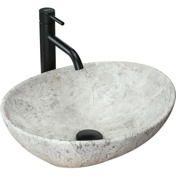 Rea Aufsatzwaschbecken Keramik Oval 35x40 cm, Schwarz Marmor, ohne Überlauföffnung – Bild 1