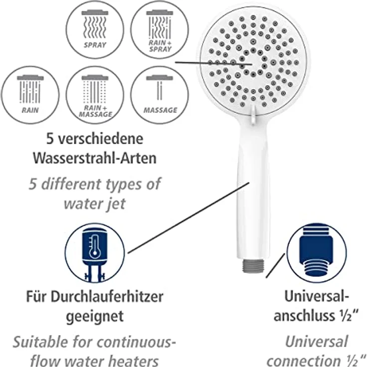 WENKO Duschkopf Young Weiß, langlebige Universal-Handbrause, trendige Duschbrause mit 5 Strahlarten, einfache Kalkreinigung, hochwertiger Kunststoff in Weiß, Ø 11 cm – Bild 3