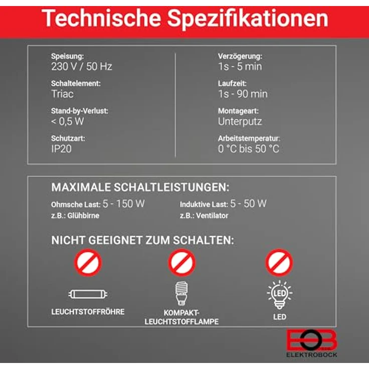 Elektrobock CS3-1B, Zeitschaltuhr mit Nachlaufrelais für Ventilatoren, Unterputz, Weiß, Verzögerungseinstellung bis 90 min – Bild 5