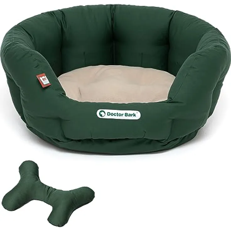 Doctor Bark Hundekorb rund, Hundebett für größere Hunde, Kuschelbett + ToyBone mit flauschigem Wendekissen, orthopädisch, waschbar bis 95°C (L - 60x50 cm, Grün/Beige)